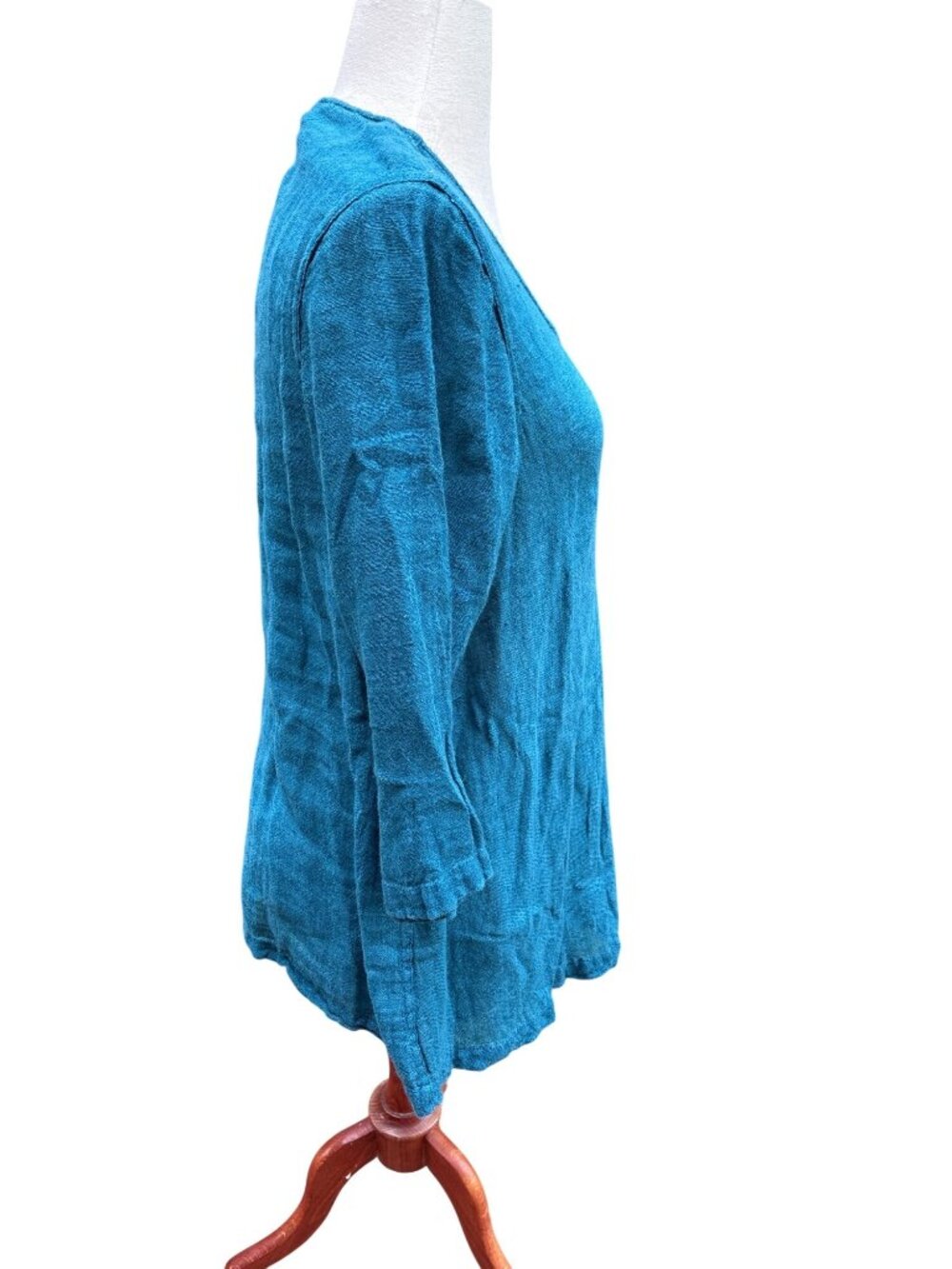 Flax Womens Medium Blue 100% Linen Blouse With 3/4 Sleeves Split Front Design - Picture 3 of 9